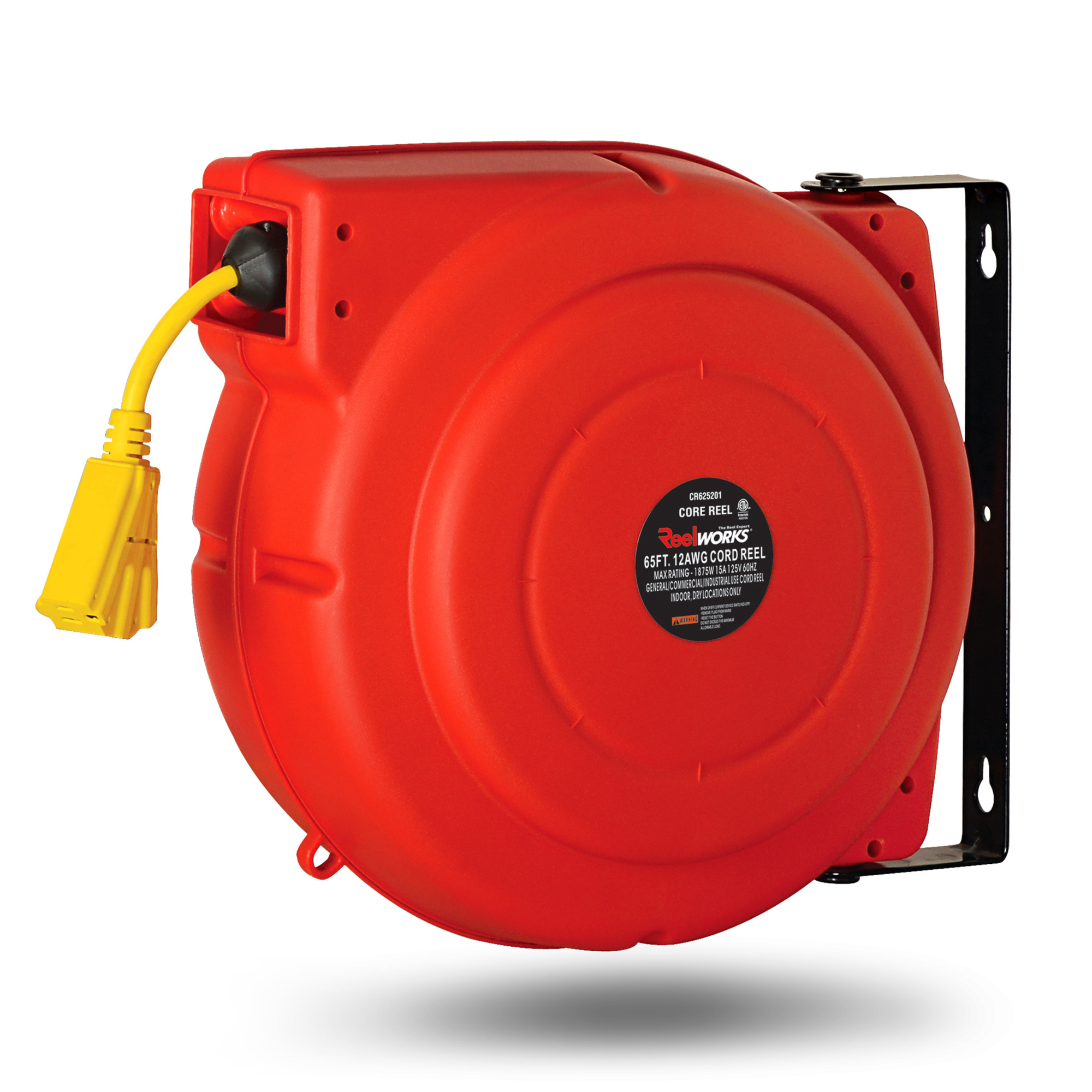 ReelWorks Retractable Extension Cord Reel — 12AWG x 65ft., Triple Tap Connector, 15A 125VAC 1875W, Model# TRI-CR625201S3A